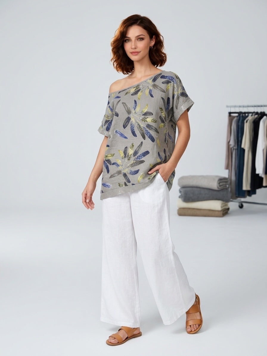 Artistic Feather Print Tunic - Mocha