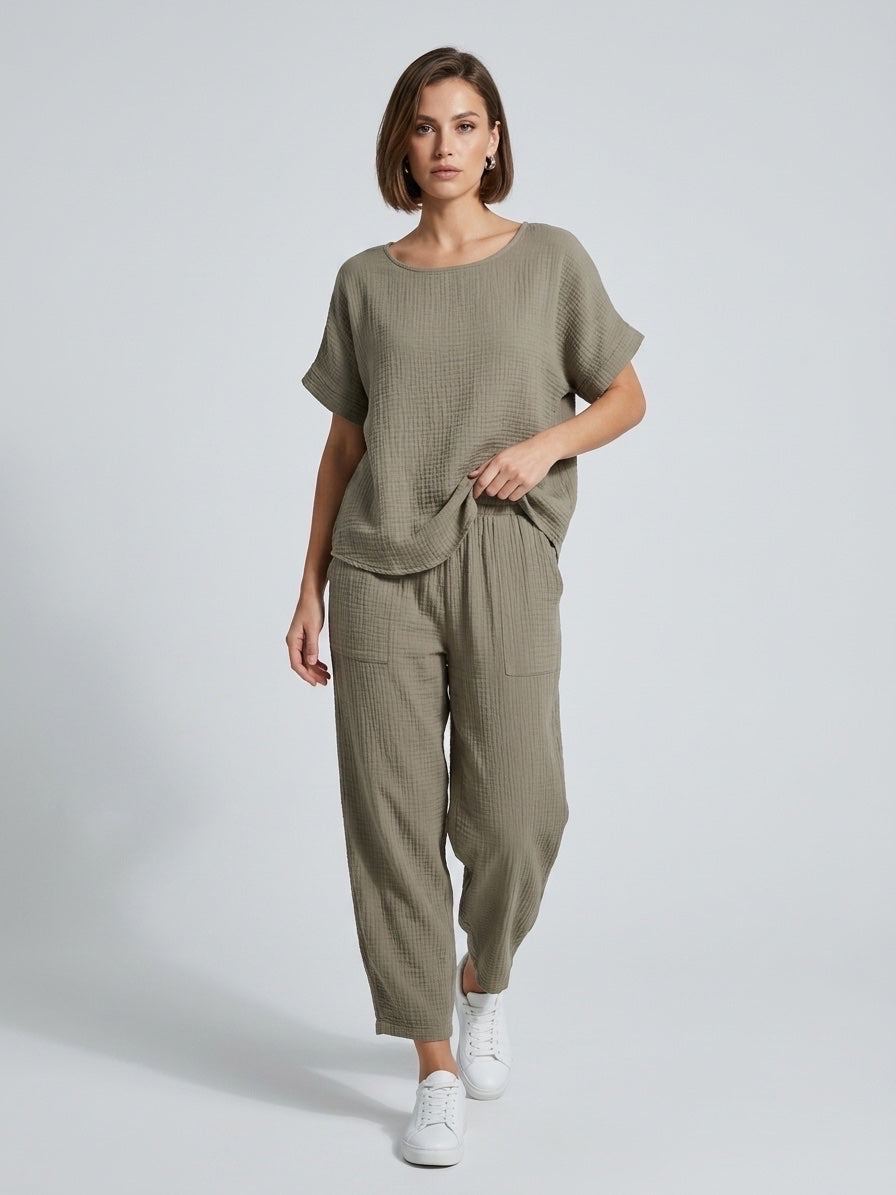 Textured Gauze Off-Shoulder Top and Cropped Pants Set - Mocha