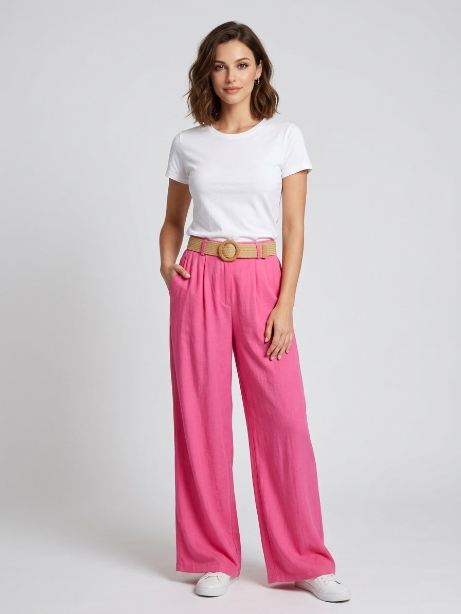 Linen Blend Wide Leg Trousers - Fuchsia