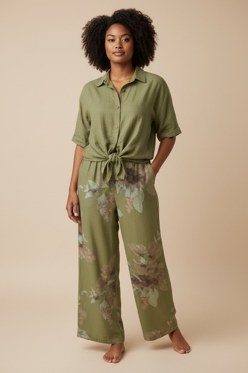 Painterly Floral Linen Blend Shirt & Trouser Set - Pistachio
