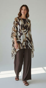 Leaf Print Tunic and Trouser Set - Brown
