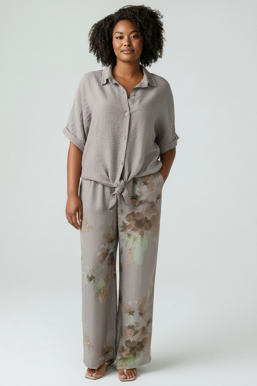 Painterly Floral Linen Blend Shirt & Trouser Set - Mocha