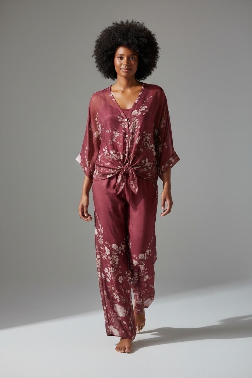 Floral Print Silk Set - Burgundy