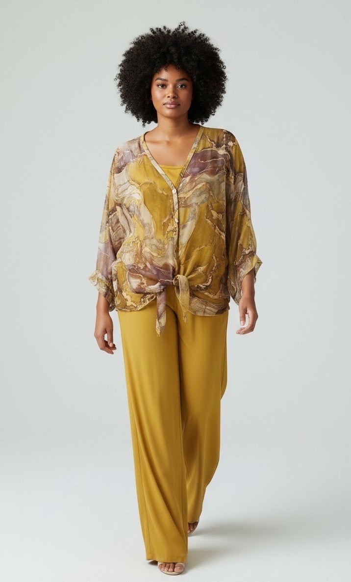 Marble Print Oversized Shirt - Mustard