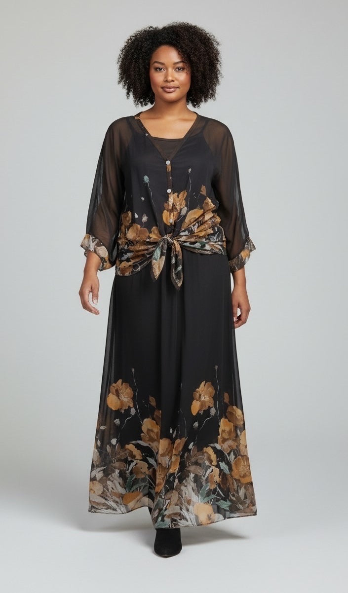 Floral Print Skirt Set - Brown