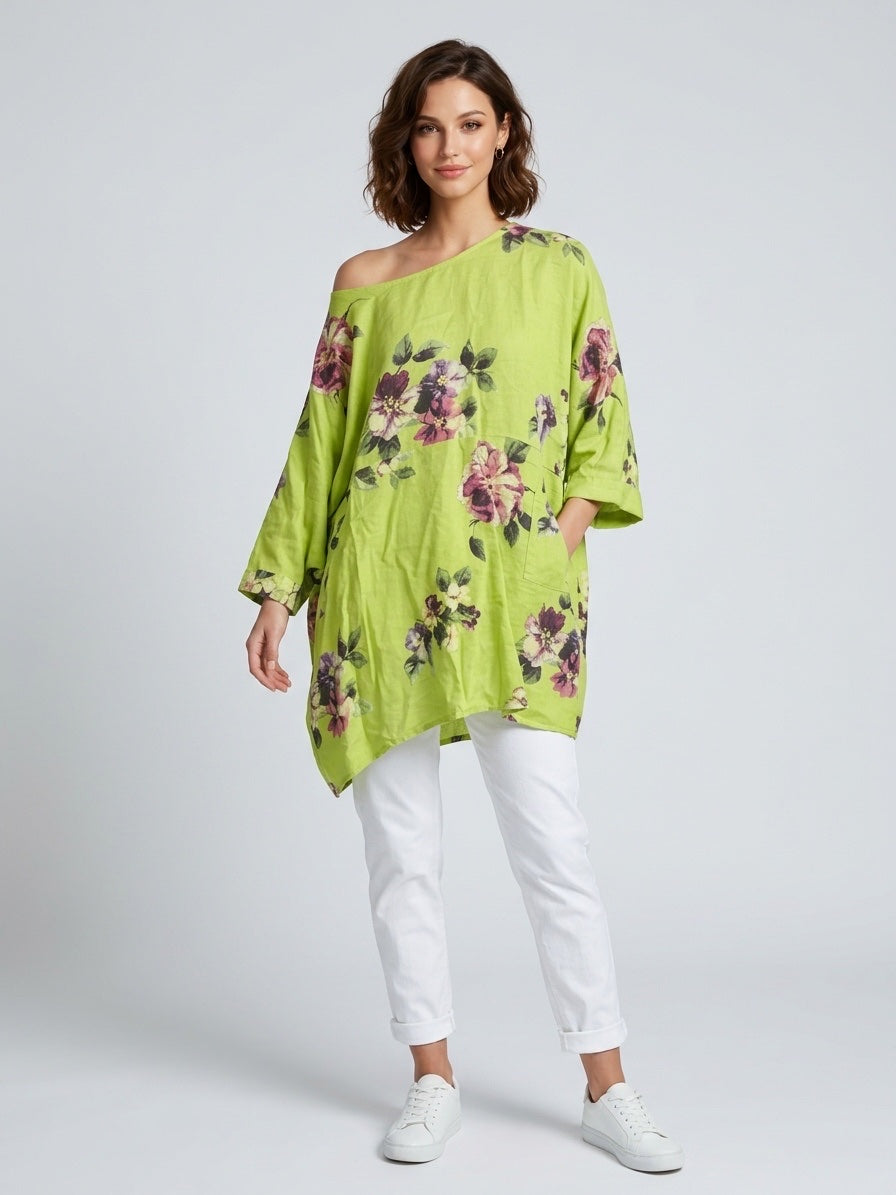 Floral Print Linen Tunic - Lime Flower