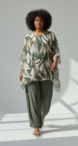 Leaf Print Tunic and Trouser Set - Khaki