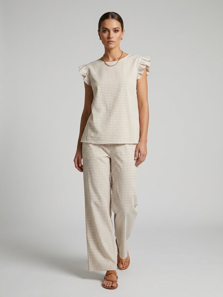 Gingham Ruffled Sleeve Set - Beige