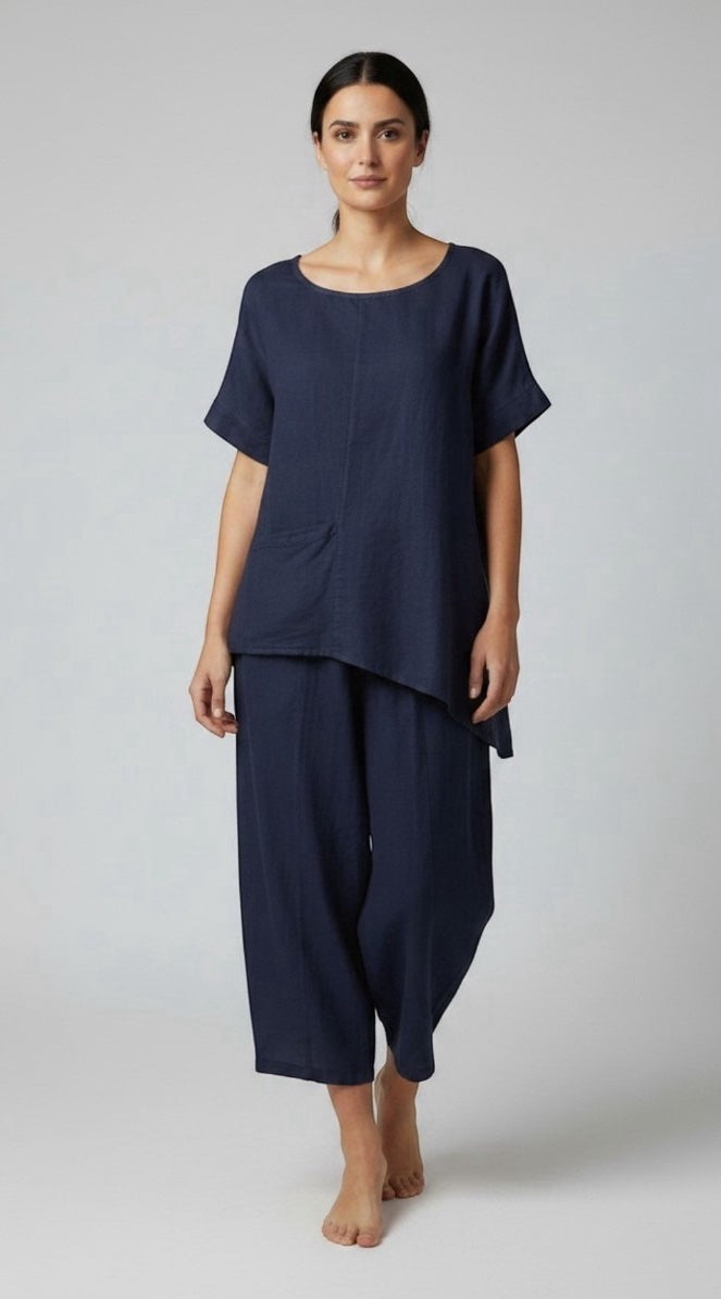 Asymmetric Linen Tunic  - Navy