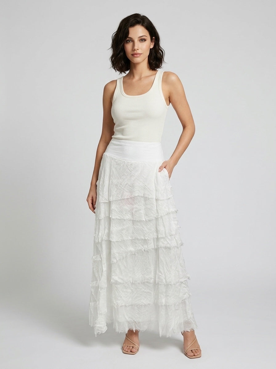 Tiered Maxi Skirt with Frayed Hem - White