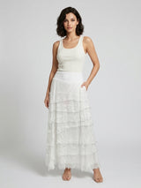 Tiered Maxi Skirt with Frayed Hem - White
