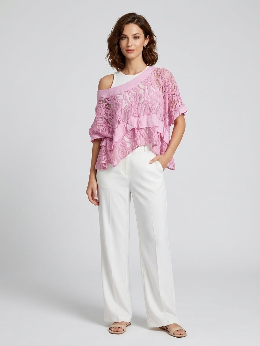 Embroidered Lace Tiered Top - Pink
