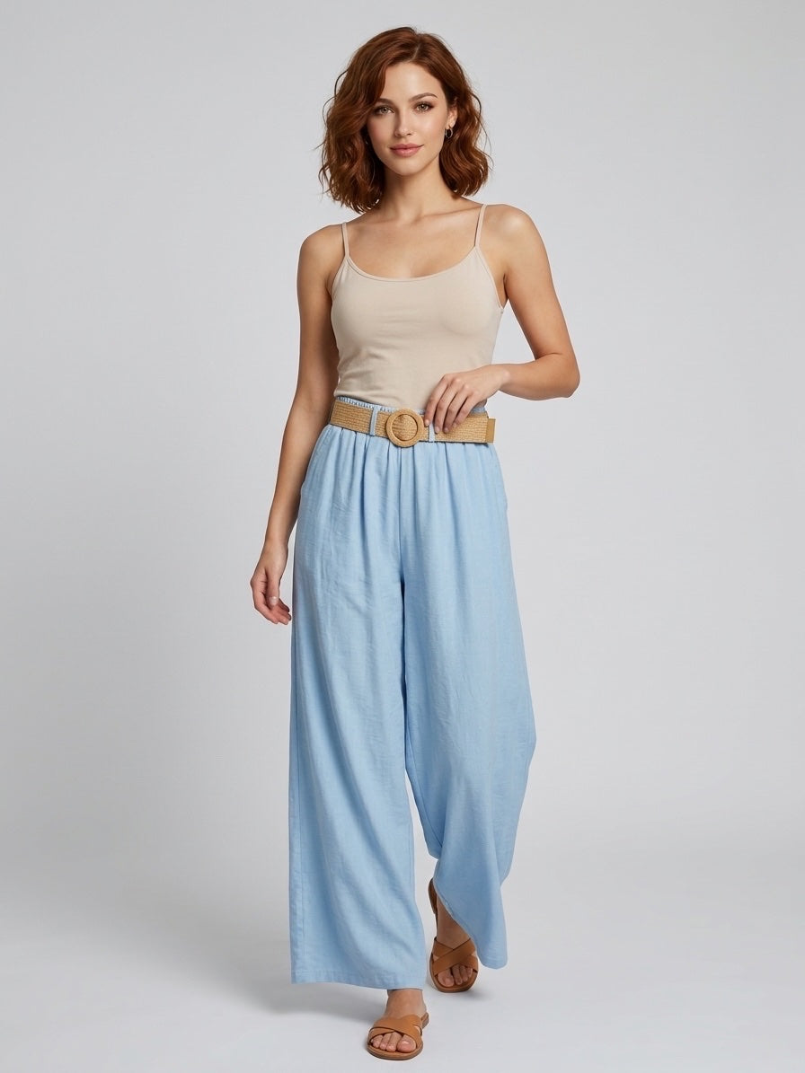 Linen Blend Wide Leg Trousers - Sky Blue