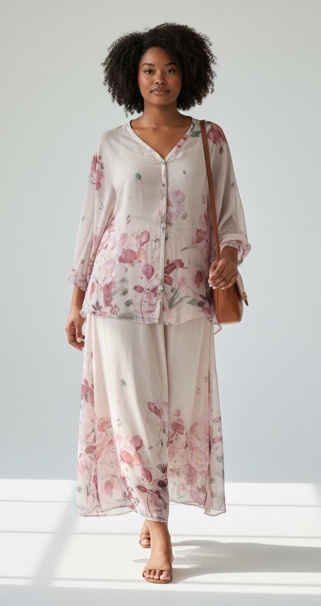 Floral Print Skirt Set - Beige
