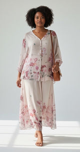 Floral Print Skirt Set - Beige
