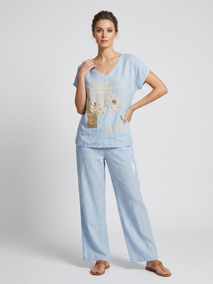 Linen Set with Floral Embellished Tee and Wide-Leg Trousers - Sky Blue