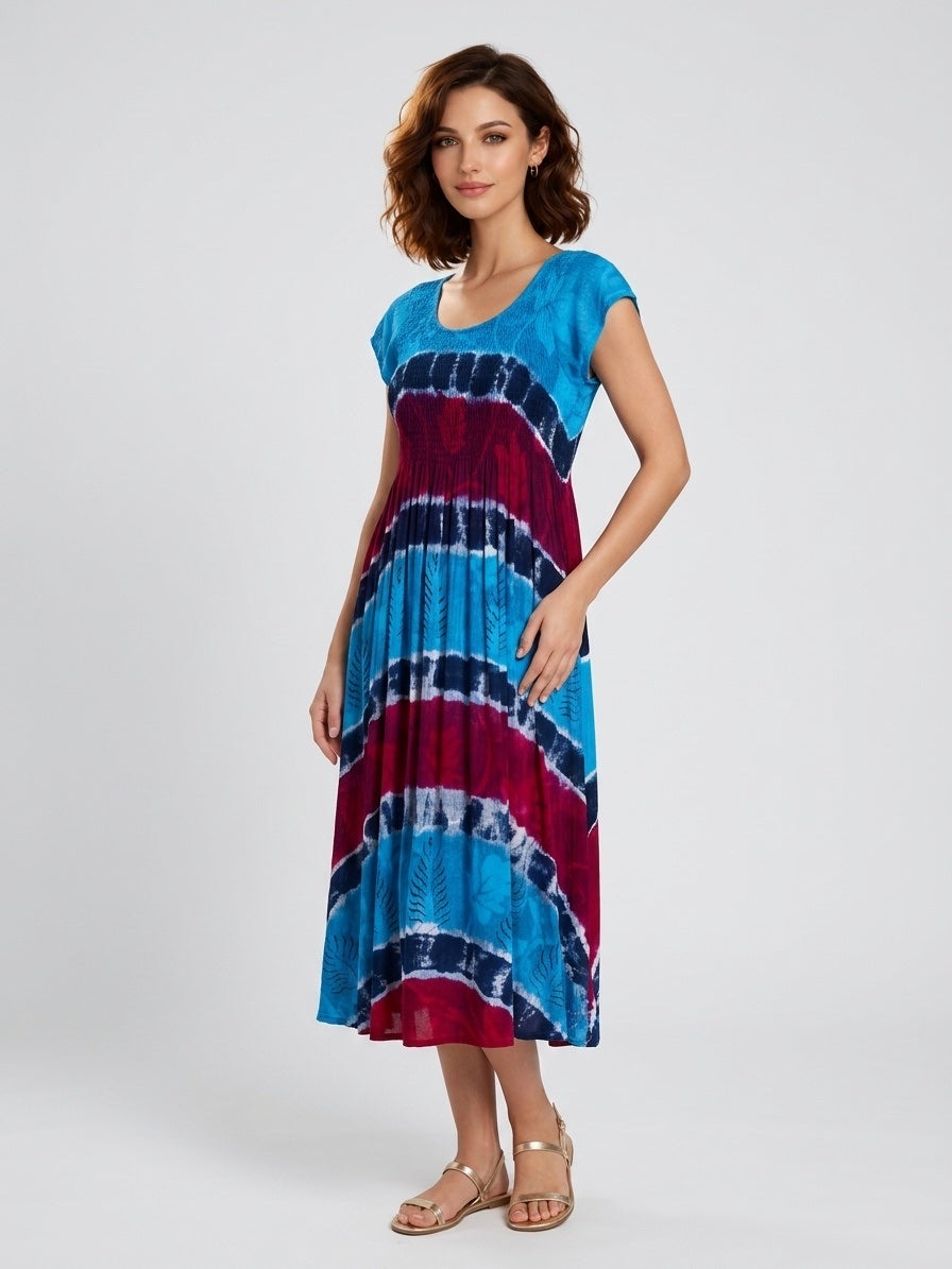Tie-Dye Gathered Midi Dress - Turquoise/Fusion