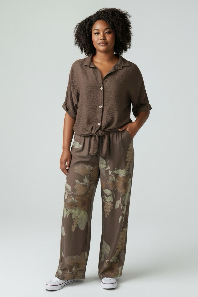 Painterly Floral Linen Blend Shirt & Trouser Set - Brown
