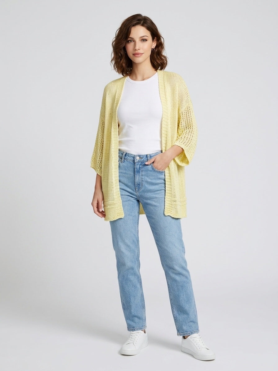 Textured Knit Open Front Cardigan - Lemon