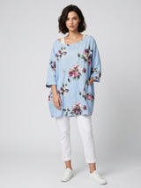 Floral Print Linen Tunic - Sky Blue Flower