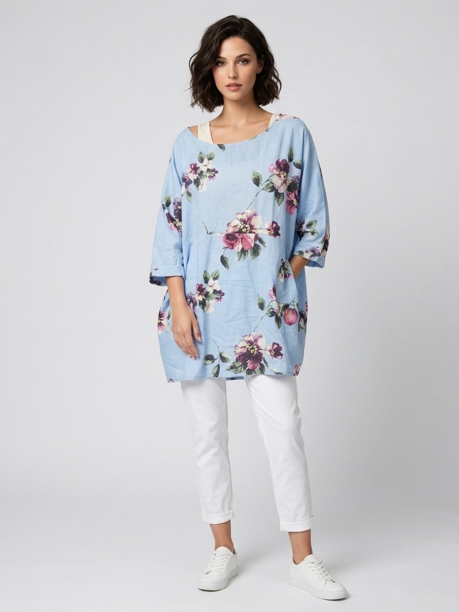 Floral Print Linen Tunic - Sky Blue Flower