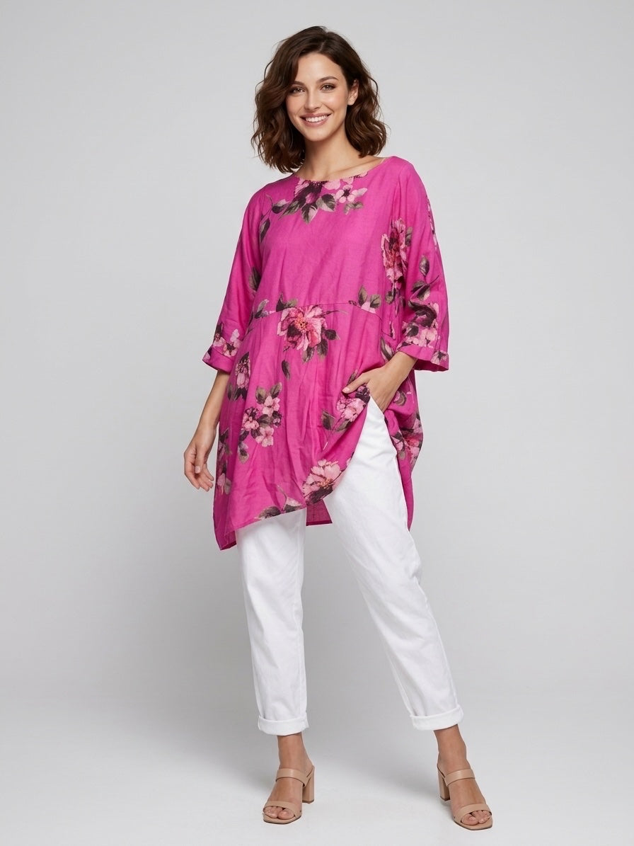 Floral Print Linen Tunic - Fuchsia Flower