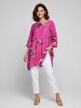 Floral Print Linen Tunic - Fuchsia Flower