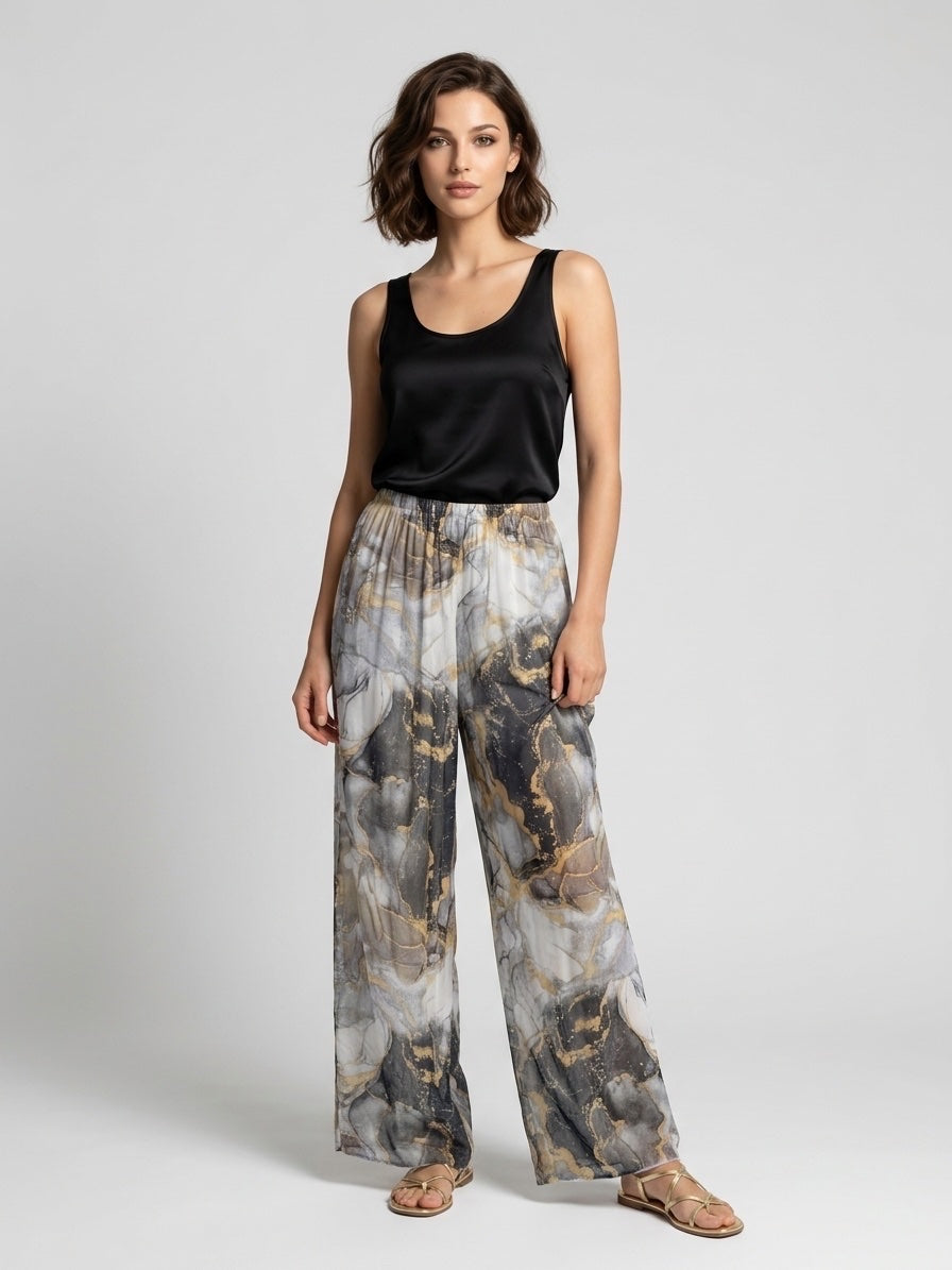 Artistic Marble Print Palazzo Trousers - White