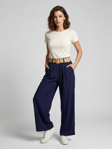 Linen Blend Wide Leg Trousers - Navy