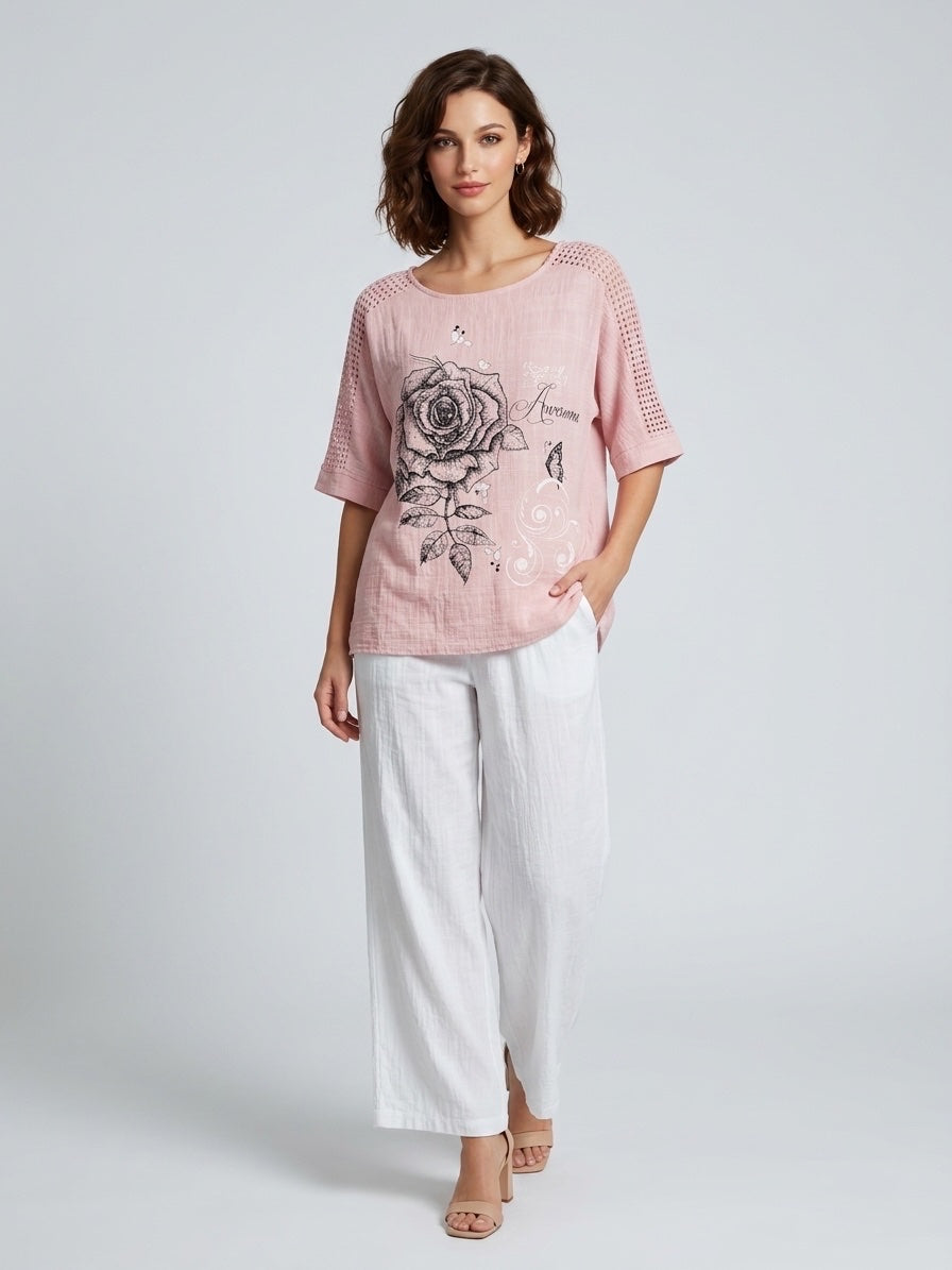 Rose Print Laser Cut Top - Pink