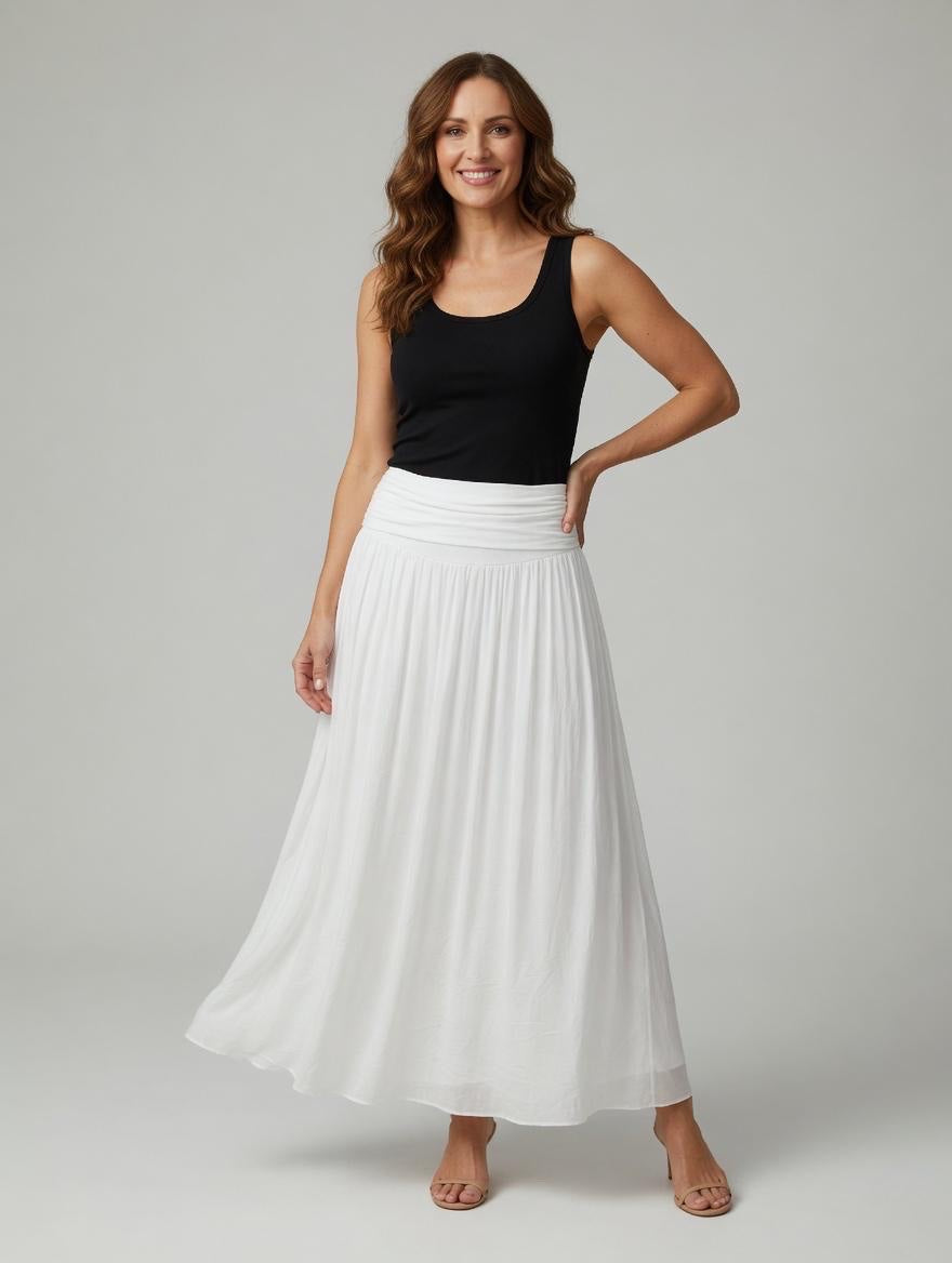 Smocked Waist Maxi Skirt - White
