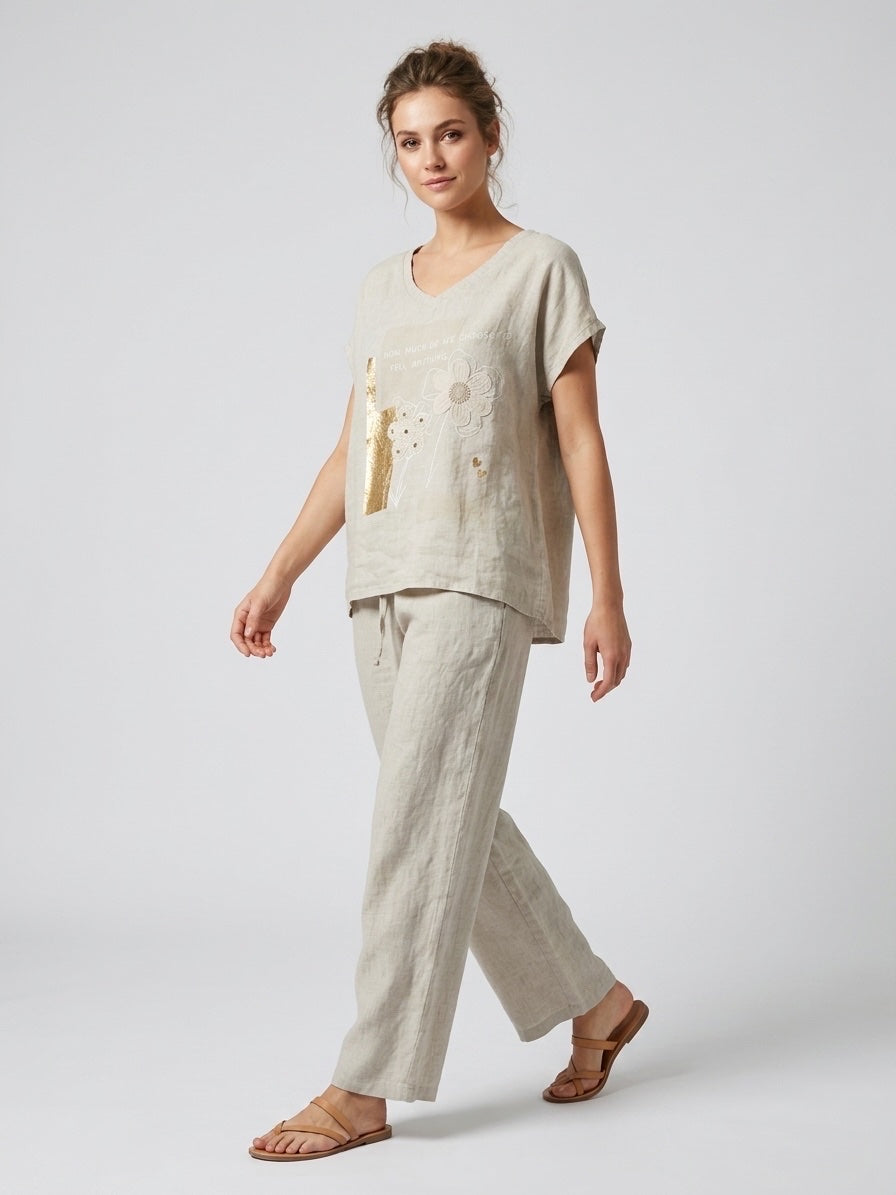 Linen Set with Floral Embellished Tee and Wide-Leg Trousers - Beige