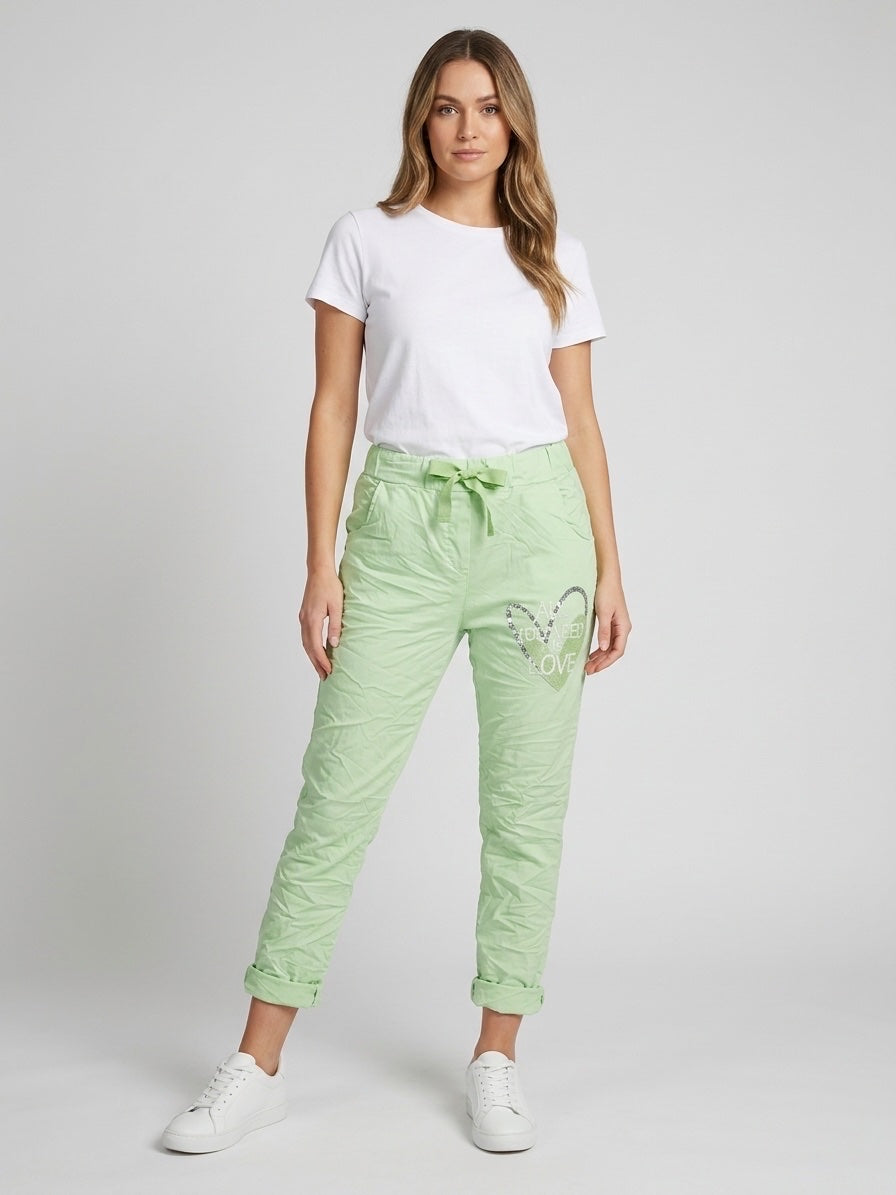 Sparkling Heart Crushed Effect Trousers - Lime