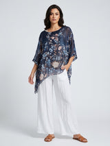 Floral Print Sheer Kaftan Top - Navy