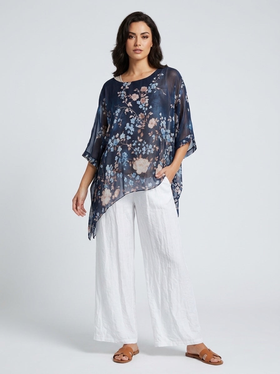 Floral Print Sheer Kaftan Top - Navy