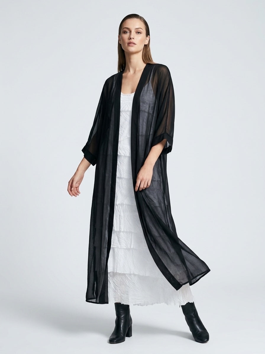 Maxi Sheer Silk Kimono Duster - Black