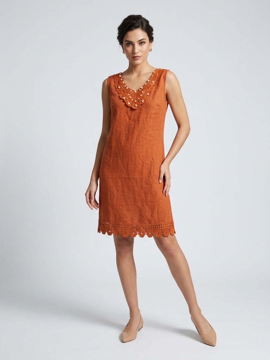 Linen Dress with Crochet & Pearl Embellishments - Rust