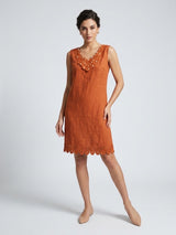 Linen Dress with Crochet & Pearl Embellishments - Rust