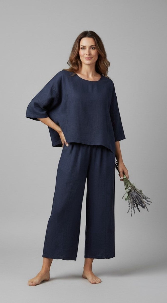 Wide-Leg Linen Set - Navy