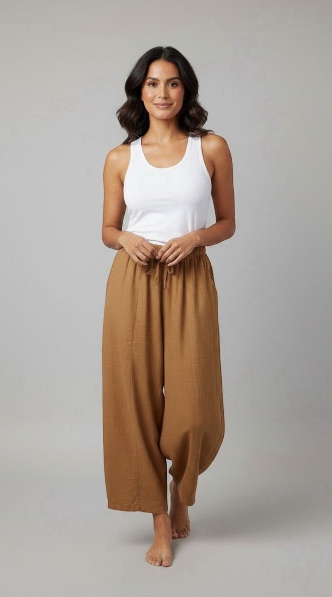 Flowing Wide-Leg Linen Blend Pants - Camel