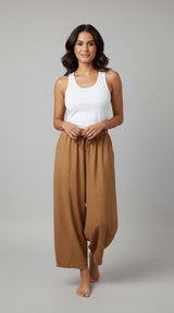 Flowing Wide-Leg Linen Blend Pants - Camel
