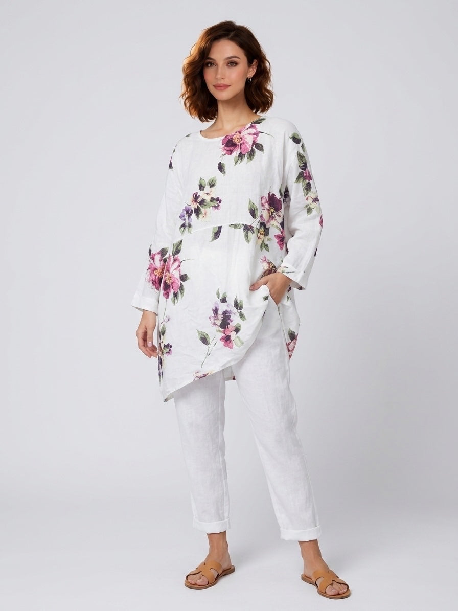 Floral Print Linen Tunic - White Flower