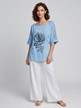 Rose Print Laser Cut Top - Blue