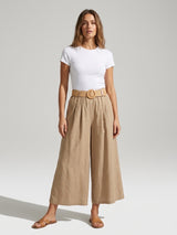 Linen Blend Wide Leg Trousers - Camel