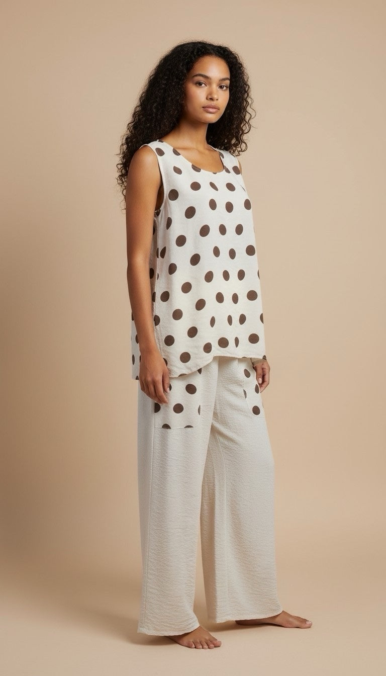 Polka Dot Sleeveless Top and Wide Leg Trouser Set - Beige