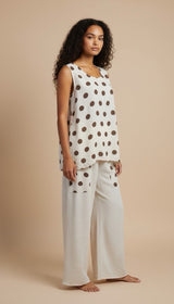 Polka Dot Sleeveless Top and Wide Leg Trouser Set - Beige