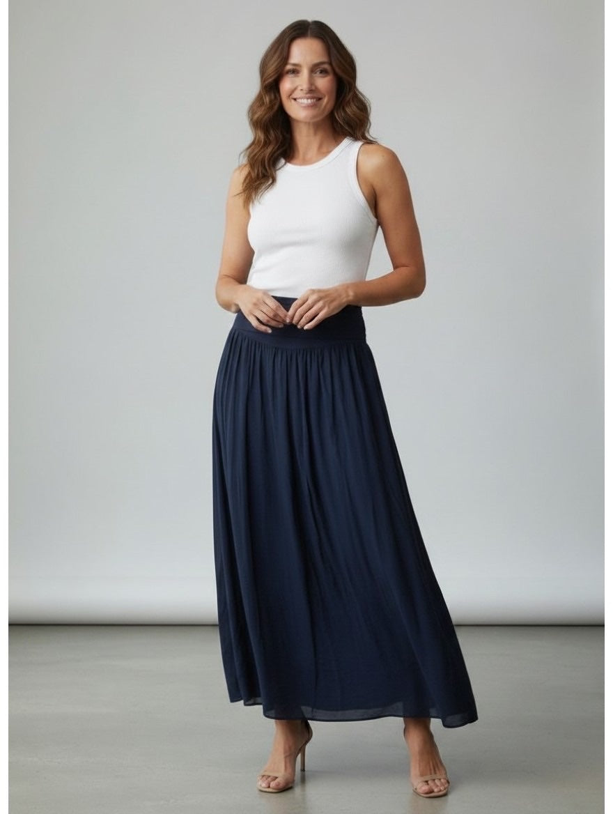 Smocked Waist Maxi Skirt - Navy