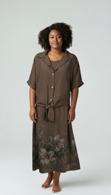 Printed Tie-Front Midi Dress - Brown
