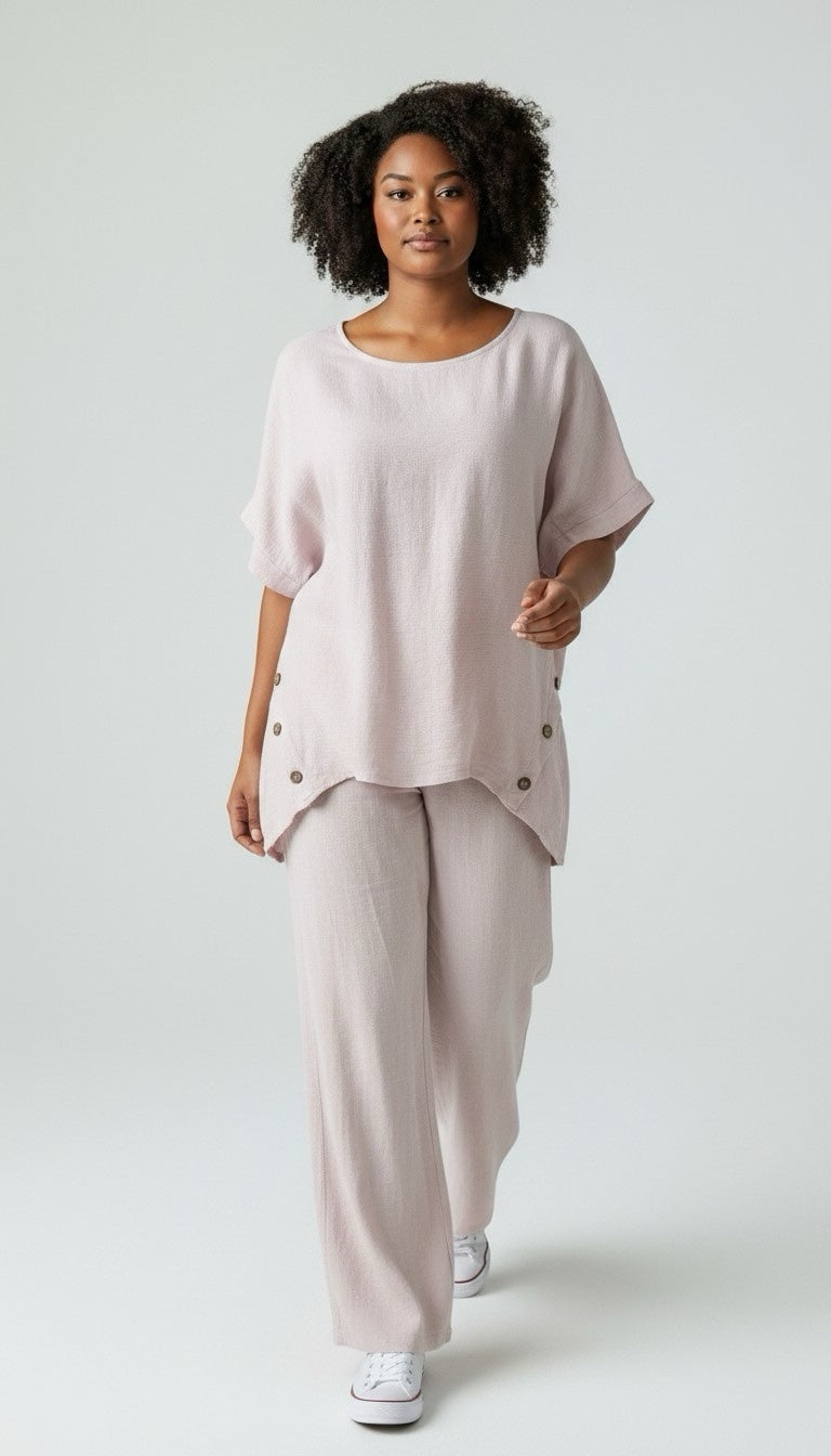 Linen Button Detail Set - Pink