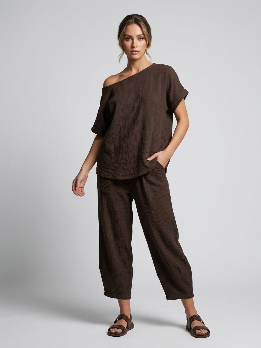 Textured Gauze Off-Shoulder Top and Cropped Pants Set - Brown